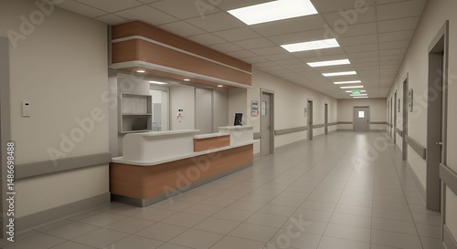 Wallpaper Mural 3D rendering of an empty modern hospital corridor with information counter and visible hospital beds in adjacent rooms, reflecting a clean healthcare environment. Torontodigital.ca