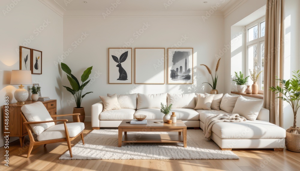 Naklejka premium Modern bright living room with stylish furniture, plants, and art on the walls