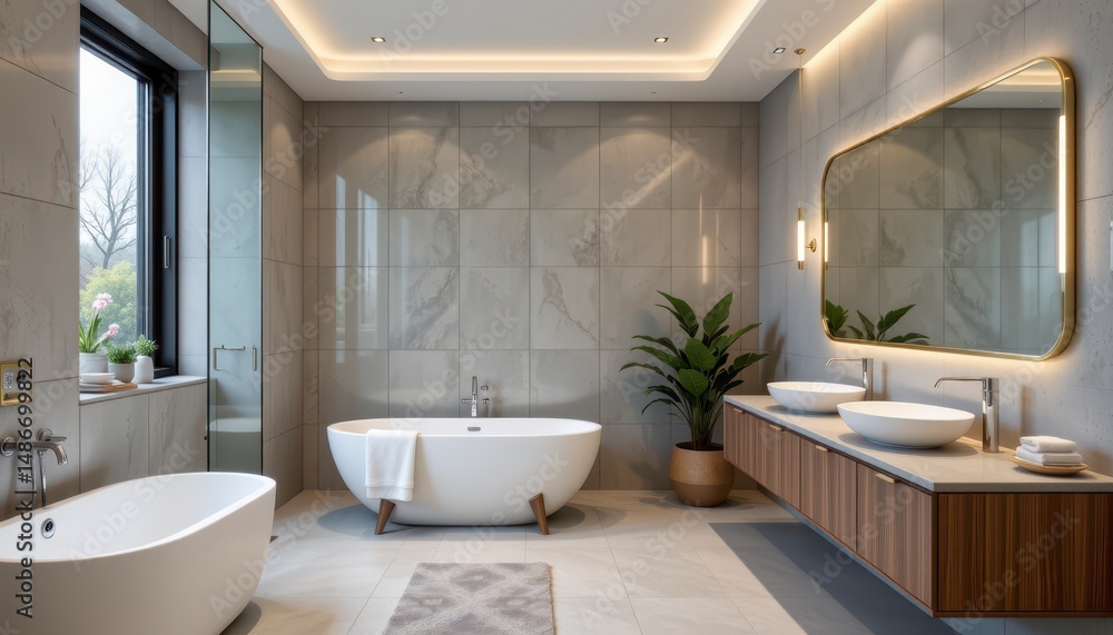 Fototapeta premium Elegant modern bathroom interior with freestanding tub, double sinks, and stylish decor