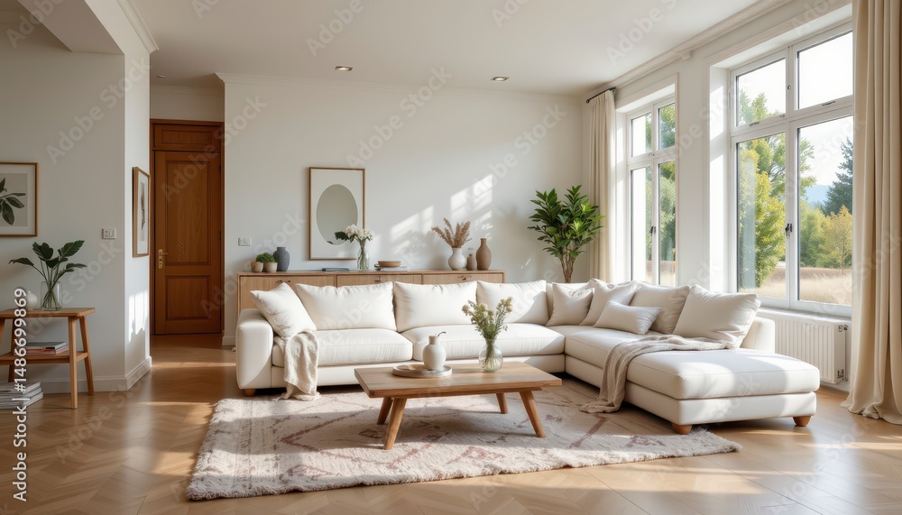 Bright and Cozy Living Room with Modern Sofa, Natural Light, and Stylish Decor Elements Bright and Cozy Living Room with Modern Sofa, Natural Light, and Stylish Decor Elements