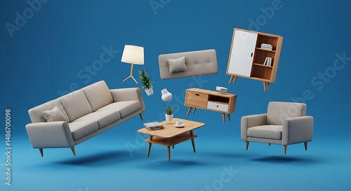 Living room furniture floating against a blue background, symbolizing creativity and home decor concepts. 3D rendering perfect for interior design or advertising visuals.