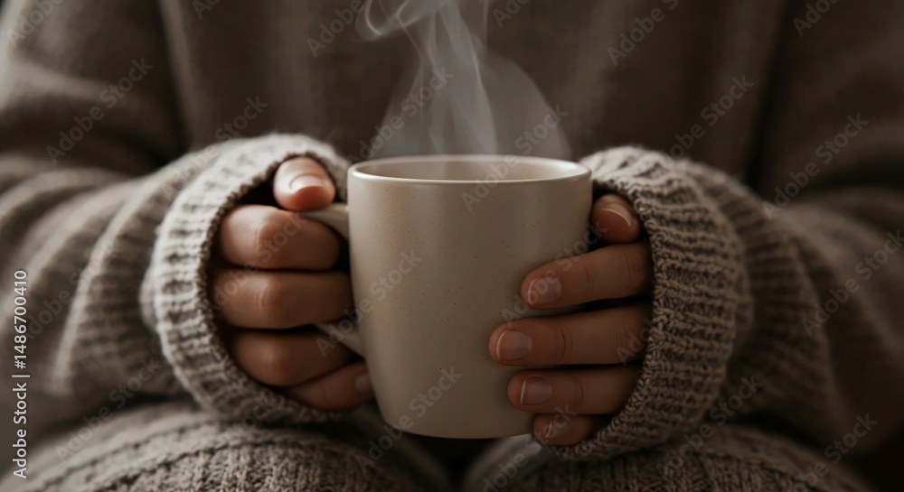 Hands Holding Warm Ceramic Mug of Coffee or Tea with Steam | Cozy Comfort | Knitted Sleeve Detail Hands Holding Warm Ceramic Mug of Coffee or Tea with Steam | Cozy Comfort | Knitted Sleeve Detail