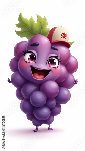 Adorable cartoon bunch of grapes with a happy face, a small hat, rosy cheeks, and cute eyes