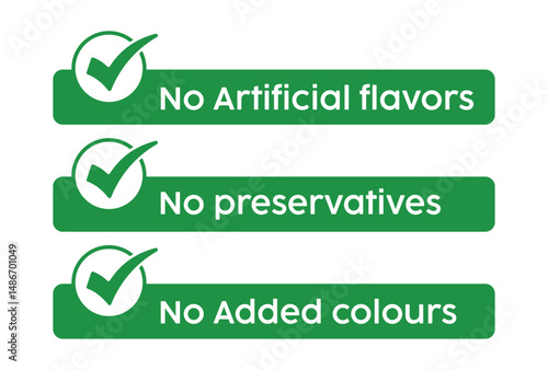 Three bold green stacked banners with white checkmarks and text: 'No Artificial Flavors', 'No Preservatives', 'No Added Colors'. Clean minimalist design on white background. Sans-serif typography