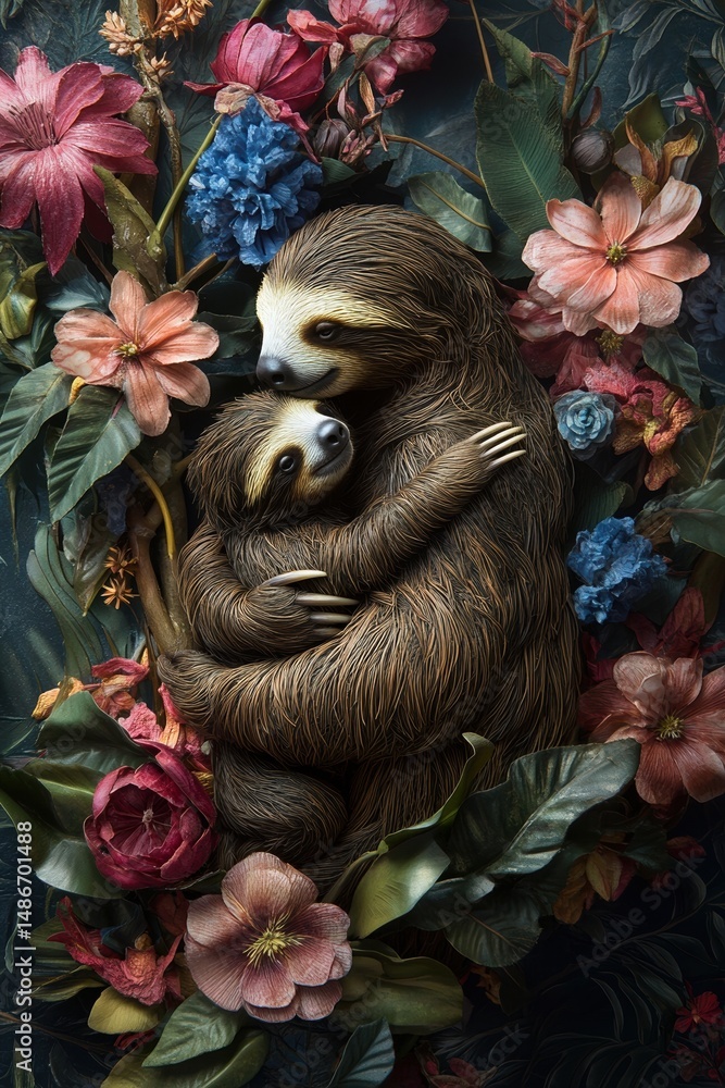 Obraz premium Adorable sloth and baby embraced among vibrant flowers in a lush jungle setting