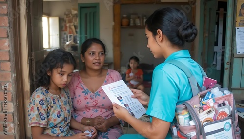 Healthcare worker visiting a family, providing essential information and care.