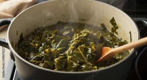 Steaming pot of freshly cooked collard greens with a wooden spoon inside