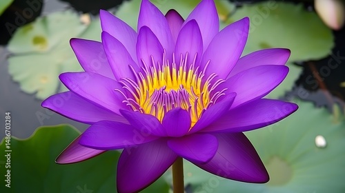 Vibrant Purple Water Lily Flower Bloom in Pond