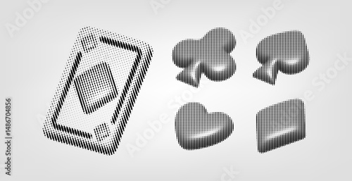 Playing Card and Card Suits in 3D Cartoon Style in y2k style and 90s design. 3D Rendered Card Suits Clubs, Spades, Hearts, and Diamonds in halftone style