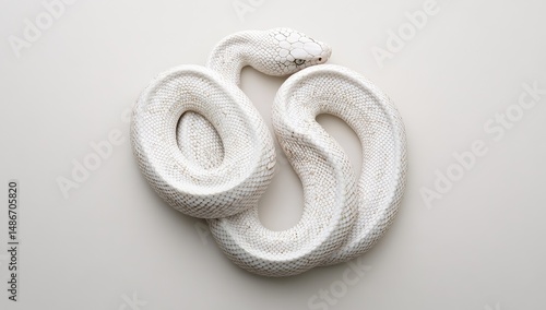 White snake coils on plain background