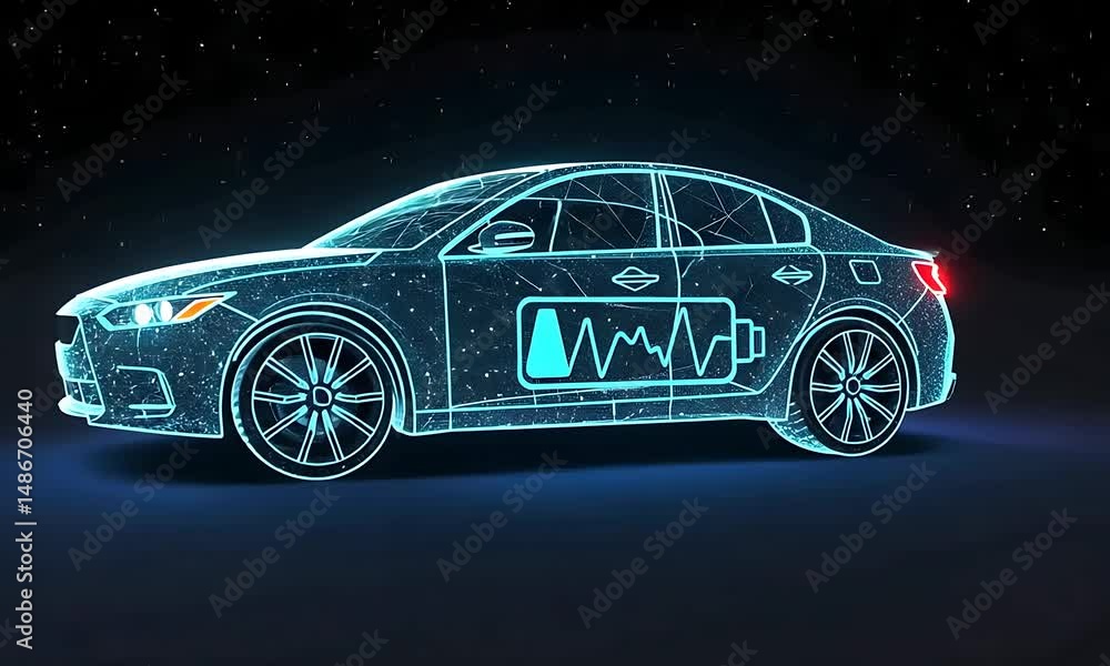 Futuristic electric car with glowing battery display against a starry night background Futuristic electric car with glowing battery display against a starry night background