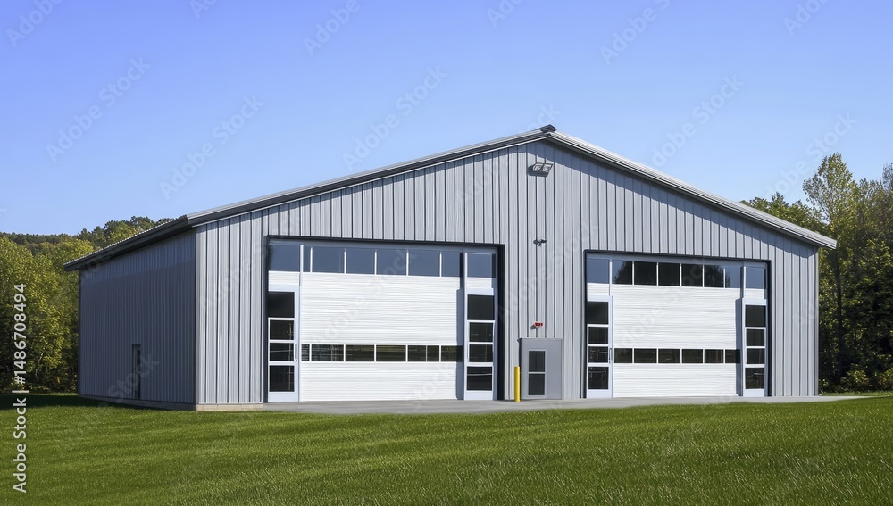 Modern, light gray metal building with double doors. Spacious, functional structure on a grassy field Modern, light gray metal building with double doors. Spacious, functional structure on a grassy field
