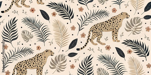 Elegant cheetah and tropical leaf pattern design for surface textile and wallpaper applications