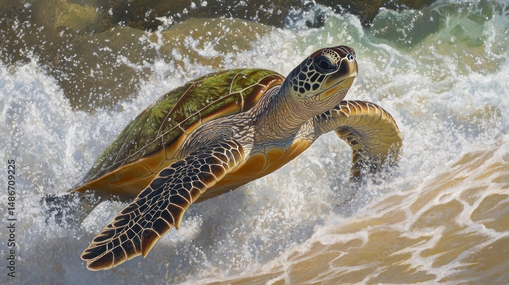 Obraz premium Sea turtle powering through a wave