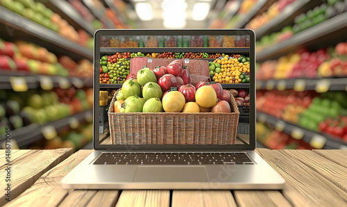 Laptop Displaying Online Grocery Basket of Fresh Produce