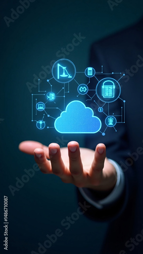 Hand holding a digital cloud with various icons symbolizing data management and digital transformation