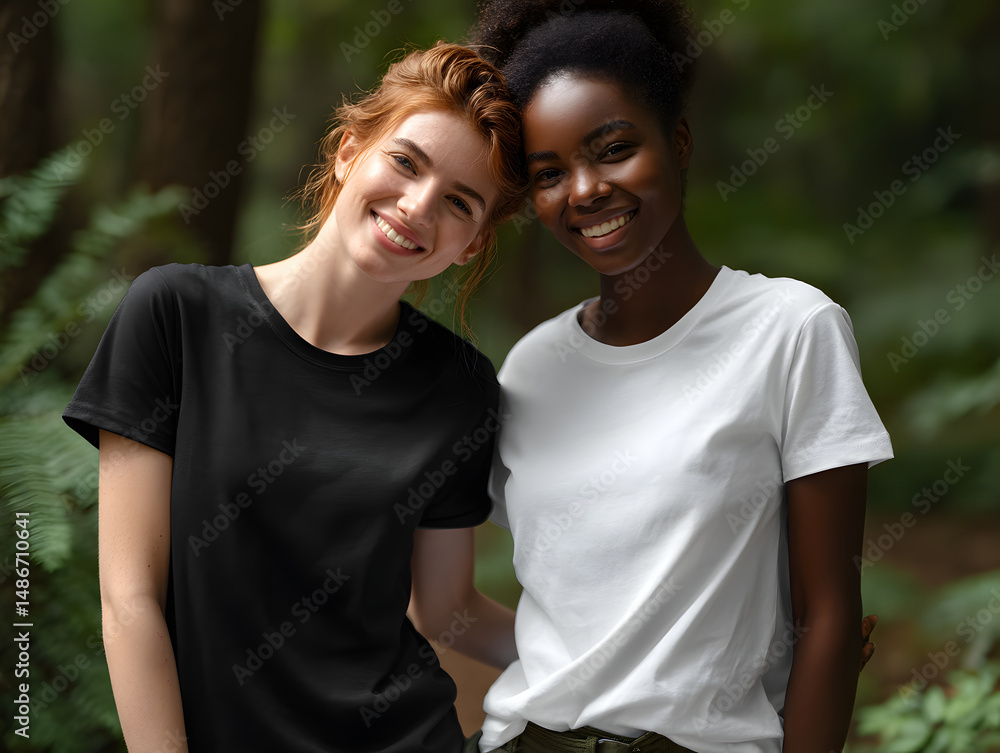 Obraz premium Smiling Friends Enjoying a Day Outdoors in a Scenic Forest Setting