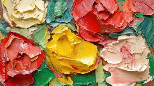 Close-up view of colorful impasto painting.