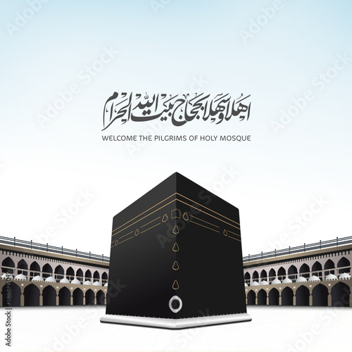 Eid Mubarak, Kaaba vector design for hajj  Arabic translated (Welcome to the pilgrims of the House of Allah) 