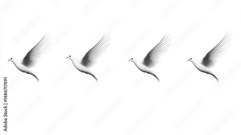 Fototapeta premium Four Doves in Flight with White Background.