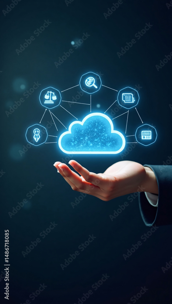Fototapeta premium Hand holding cloud computing service symbol with digital network icons and bokeh effects, symbolizing data storage.