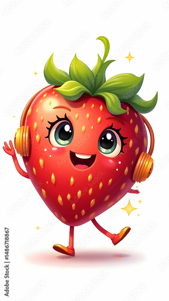 Fototapeta premium Cute cartoon strawberry with big eyes, wearing headphones and walking with a smile, surrounded by sparkles