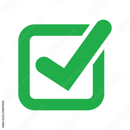 Bright green checkmark icon in a square frame with darker outline. Bold minimalist design on white. Symmetrical, centered, clean digital interface symbol. Flat vector illustration
