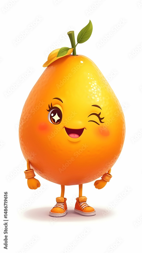 A whimsical, cartoonish orange character with arms, legs, shoes, and a leaf-hat, standing on a white background A whimsical, cartoonish orange character with arms, legs, shoes, and a leaf-hat, standing on a white background