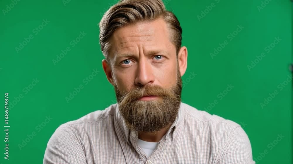 Thoughtful Expression: A close-up captures a man with a full beard, intense gaze, showcasing a moment of deep introspection. His furrowed brow hints at contemplation or concern. Thoughtful Expression: A close-up captures a man with a full beard, intense gaze, showcasing a moment of deep introspection. His furrowed brow hints at contemplation or concern.