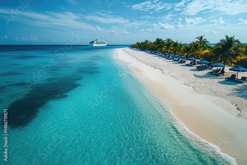Tropical beach scene with cruise ship in distance.