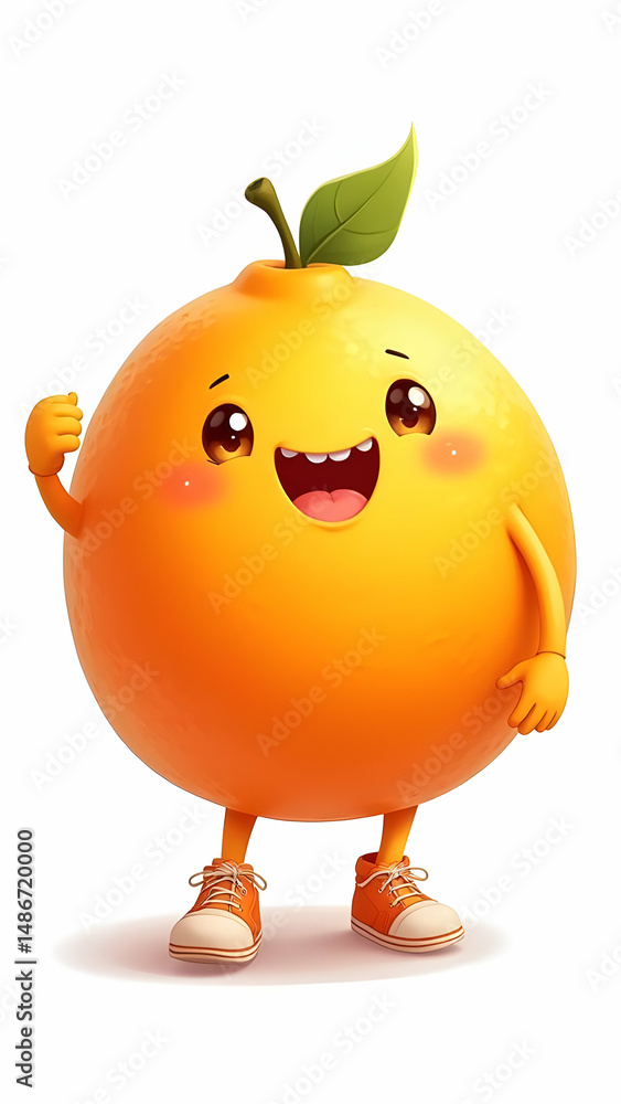 Cute cartoon orange with shoes, smiling, with a leaf on top, against a white background Cute cartoon orange with shoes, smiling, with a leaf on top, against a white background