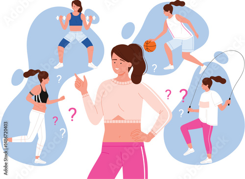 Active girl thinking about variety of alternative physical exercises and games for training. Young woman choosing between running, fitness and jumping rope, basketball cartoon vector illustration