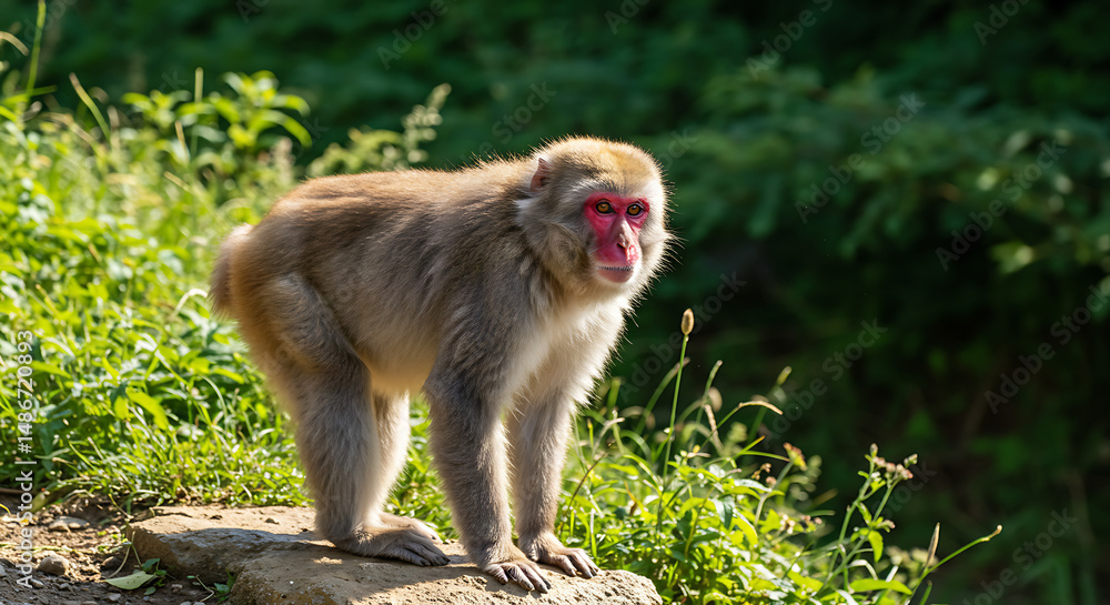 Fototapeta premium Curious Monkey Observing from a Rocky Perch