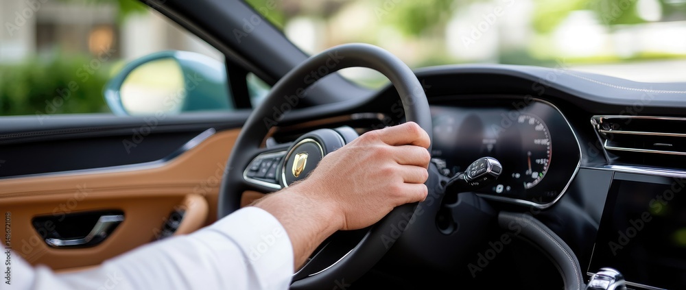 Hands on steering wheel of modern car Hands on steering wheel of modern car