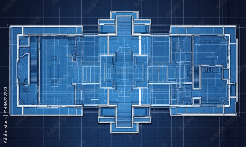 Architectural blueprint of a multi-story building, top-down view, showing interior layouts and structural elements. Detailed floor plan with rooms, hallways, and support structures Architectural blueprint of a multi-story building, top-down view, showing interior layouts and structural elements. Detailed floor plan with rooms, hallways, and support structures