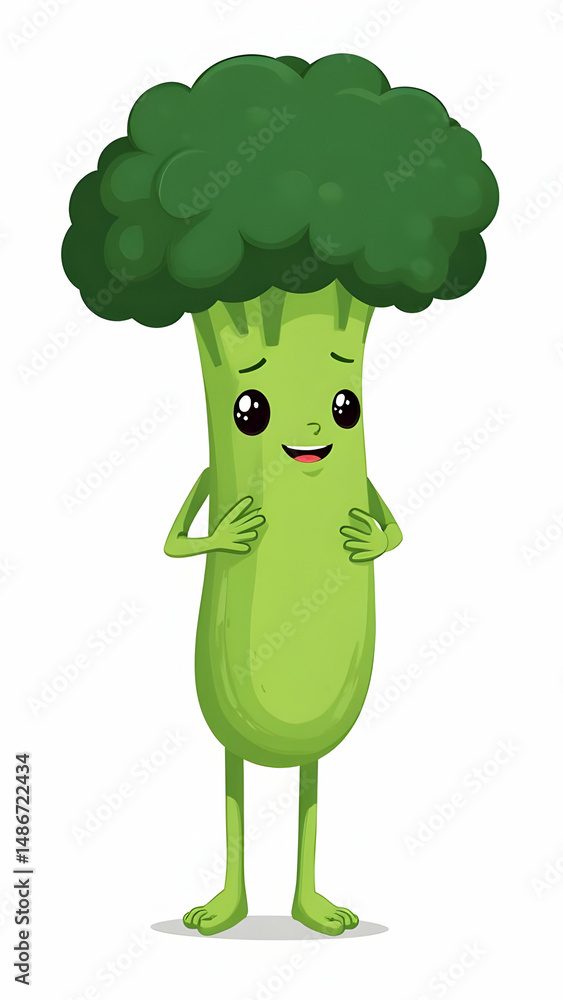 Cartoon broccoli character with a happy face, hands held near its chest, and long, spindly legs Cartoon broccoli character with a happy face, hands held near its chest, and long, spindly legs