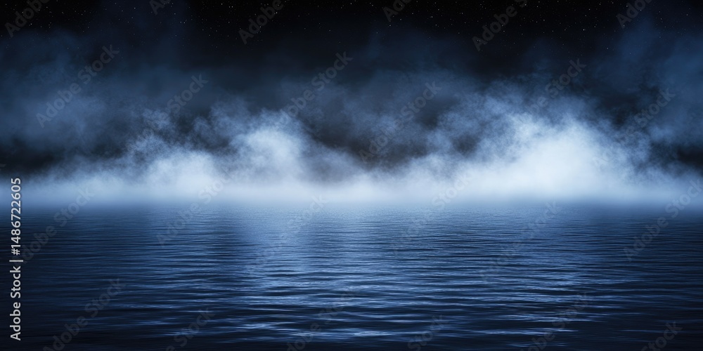 Fototapeta premium Mysterious night scene over a still body of water, shrouded in fog