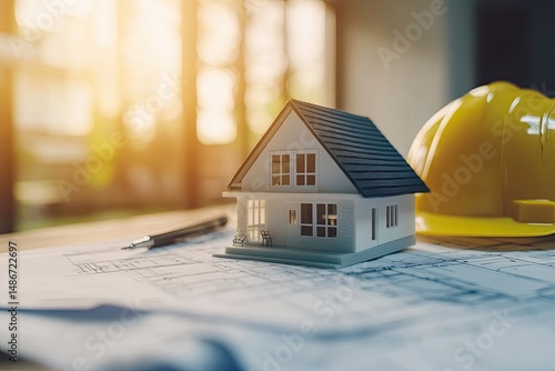 Home construction blueprints, model house, and safety gear