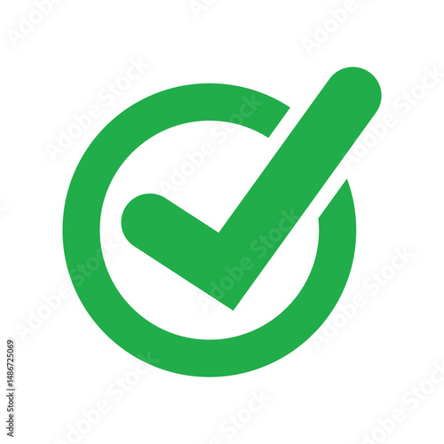 Solid green checkmark centered in bold circle on pure white. Minimalist, symmetrical design with clean lines. Bright green symbolizing approval, confirmation, validation.
