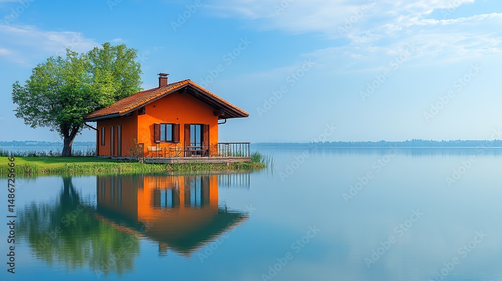 Fototapeta premium Orange cabin on a lake island, tranquil morning