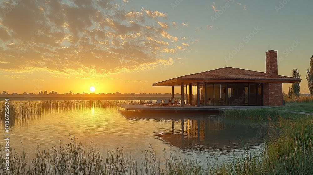 Obraz premium Tranquil lakeside cabin at sunrise