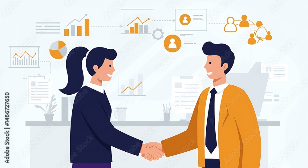 Flat vector illustration of two business people shaking hands in a corporate environment, with charts and collaboration icons in the background. Clean and professional style. Flat vector illustration of two business people shaking hands in a corporate environment, with charts and collaboration icons in the background. Clean and professional style.