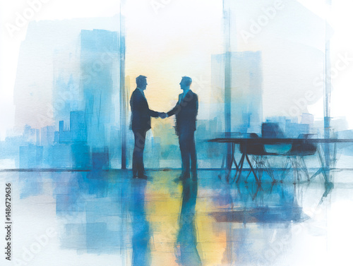 Business Partnership Agreement with Handshake Silhouette in Corporate Cityscape - Trust, Success, and Entrepreneurial Spirit