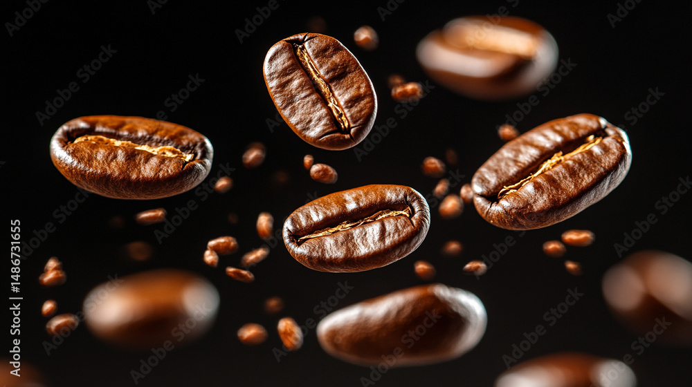 Close-up macro shot of falling roasted coffee beans against a black background, highlighting their rich brown color and detailed textured surface, evoking freshness and aroma.
Close-up macro shot of falling roasted coffee beans against a black background, highlighting their rich brown color and detailed textured surface, evoking freshness and aroma.