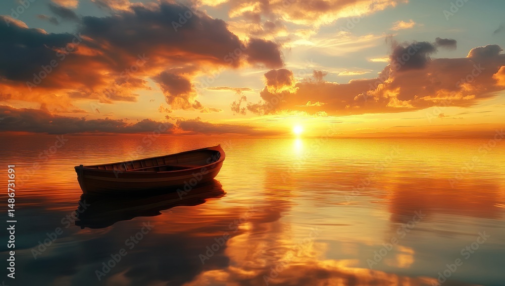 serene sunset reflected on calm waters featuring a small boat under a picturesque sky painting gold serene sunset reflected on calm waters featuring a small boat under a picturesque sky painting gold