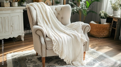 Cozy knitted throw on armchair home decor interior design