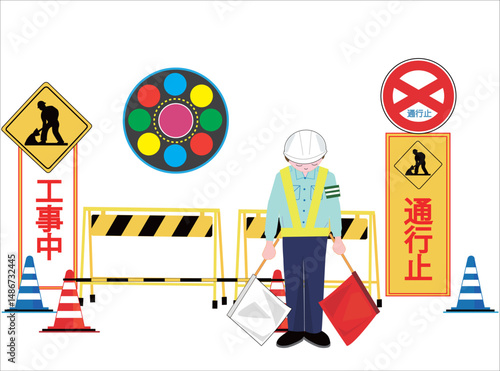 工事現場で交通誘導員が車を誘導している。