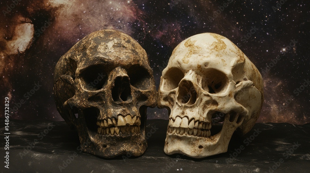 Naklejka premium Two skulls facing each other against a cosmic backdrop.