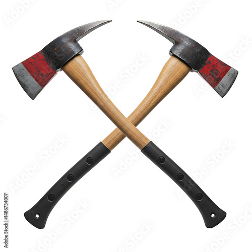 Crossed firefighter axes gleaming fiercely