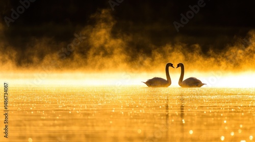 Fototapeta Naklejka Na Ścianę i Meble -  Silhouettes of two swans in a golden sunrise.